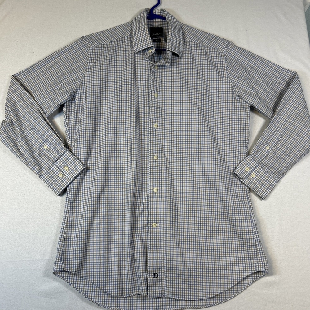David Donahue Mens Shirt Long Sleeve Trim Fit 16 32/33 Button Up Blue Tan Stripe